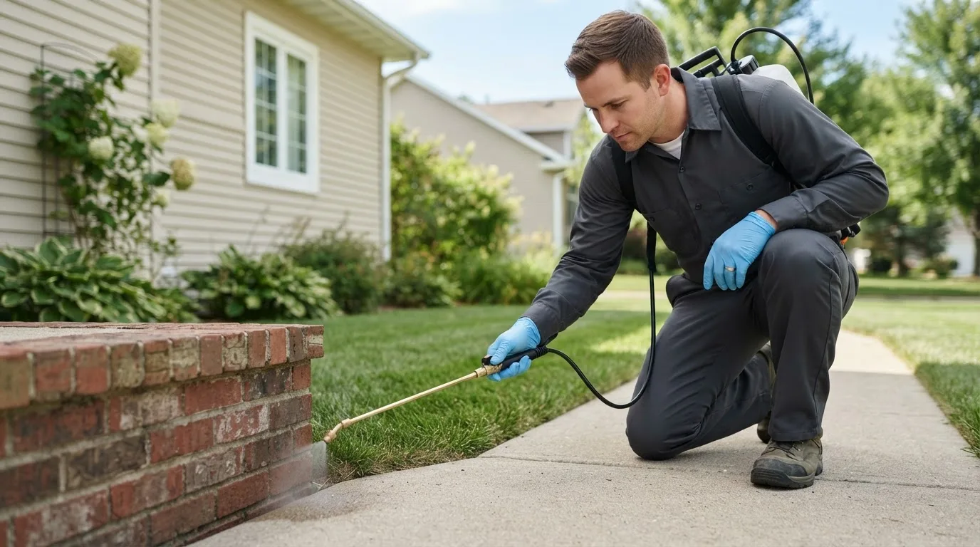 Pest control technician treating a home near Vina, AL