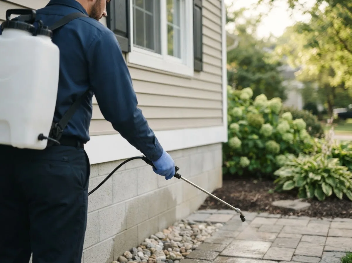 Pest control technician inspecting a home in Vina, AL